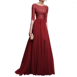 Casual Dresses Women Party Dress Lace Flower Embroidery Half Sleeve Tight Waist Patchwork Floor Length Pleated Lady Maxi Evening