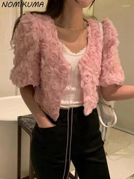 Women's Jackets Nomikuma Korean Chic Summer French V-neck Three-dimensional Rose Jacquard Versatile Lace Up Short Jacket For Women