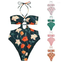 Women's Swimwear Swimsuit Gathered Halter Neck Wrap Cut Out Open Back Full Body High Waisted Vintage Print Bikini