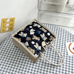 Storage Bags Cute Bear Pattern Handbag Linen Button Shopping Large Grocery Bag Women Beach Tote Portable Lunch Reusable