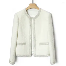 Women's Jackets Women White French Luxury Tweed Coat Wool High Quality Beaded O Neck Elegant Chic Long Sleeve Black Small Fragrance Short