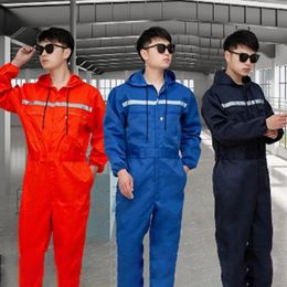 Work Clothes Stain-resistant Unisex Work Overalls Reflective Strip Zipper Work Suit Hooded Working Jumpsuit Workshop Uniforms 240513