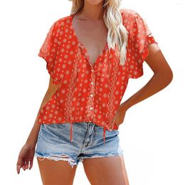 Women's T Shirts Floral Printed V-Neck Half Placket Shirt Short Sleeve Single Breasted Casual Top Woman Clothing Crop For Women