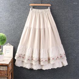 Skirts Spring Summer Japanese Mori Girl Sweet Lace Floral Embroidery Cotton Linen Skirt Women Retro Elastic Waist A-linen Loose
