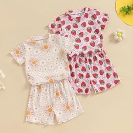 Clothing Sets Toddler Kids Baby Girls Summer Outfits Ribbed Sun/Strawberry Print Short Sleeve T-shirts Tops Shorts Beach Casual Tracksuits