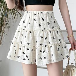 Skirts QOERLIN Korean Fashion Black White Bow Print Mini Girls Casual A-Line Elastic Waist Summer Short Skirt With Shorts Skorts
