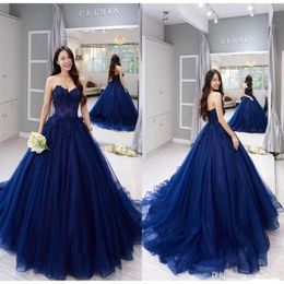 2019 New Strapless Ball Gown Prom Quinceanera Dress Vintage Navy Blue Lace Applique Ball Gown Formal Sweet 15 Party Dresses 252L
