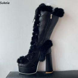 Sukeia Handmade Luxury Women Winter Mid Calf Boots Round Toe Lace Up Chunky Heels Black White Wedding Shoes Ladies US Size 5-20