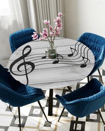 Table Cloth Wood Grain Musical Black Note Round Elastic Edged Cover Protector Waterproof Polyester Rectangle Fitted Tablecloth