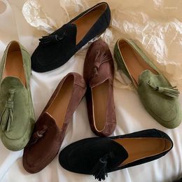 Casual Shoes Vintage Green Suede Women Flats Slip On Shallow Spring Loafers Tassel Decor Leisure Moccasins Femmes Brown Working Stilettos