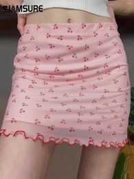 Skirts IAMSURE Casual Sweet Cherries Printed Mesh Skirt Sexy Slim Mid-Waisted Mini Women 2024 Summer Fashion Streetwear Ladies