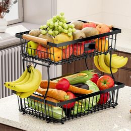 Kitchen Storage Fruit Basket Vegetable Metal With Hook And Wooden Handle Stackable Removable Rack