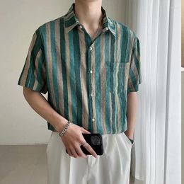 Men's Casual Shirts Summer Turn-down Collar Fashion Short Sleeve Shirt Man High Street Button Cardigan Striped Printing All-match Tops