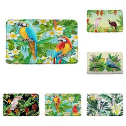 Bath Mats Palm Leaves Parrot Tropical Plant Flower Jungle Bird Animal Bathroom Rugs Non-Slip Doormat Kitchen Toilet Floor Carpet