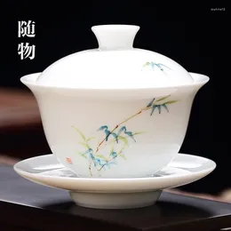 Teaware Sets Fresh Hand-Painted White Ceramic Lidded Bowl Single Tea Three-Piece Cup Brewing Non-Scald Jingdezhen Se