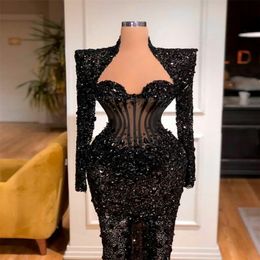 Luxury Black Prom Dress Dubai Arabia Crystal Sequins Beads Evening Dresses Long Sleeves Chic Glitter Party Dress Custom Made robe de so 276z