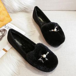 Casual Shoes Winter Fur Women Pearl Crystal Buckle Cotton Flats Woman Furry Loafers Antiskid Warm Plush Moccasins Big Size 34-43