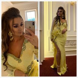 aso ebi arabic yellow lac sexy evening dresses beaded crystals mermaid prom dresses high split formal party bridesmaid gowns zj214 216d