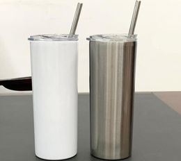 DIY mug 20oz Sublimartion Straight tumblers with Steel Straw Rubber Bottoms Stainless tumbler Coffee Sublimation Blanks Water Bott1038085