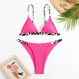 Women's Swimwear Pink Leopard Micro Bikini 2024 Women Sexy Thong Swimsuit Padded Ribbed Female Bathing Suit Swimming Summer Beachwear