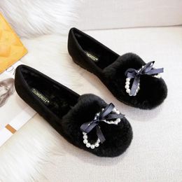 Casual Shoes 2024 Beads Bow-knot Fur Flats Woman Comfy Plush Loafers Winter Cotton Women Pearl Furry Moccasins Large Size 40-43