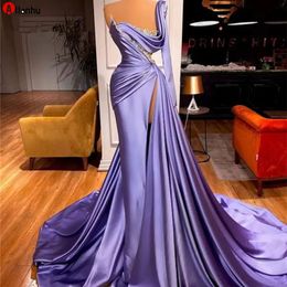 2022 Lavender Satin Mermaid Formal Evening Dresses Long Sleeves Sexy Side Split Plus Size Beaded Prom Pageant Gowns 5s4 255D