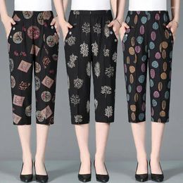 Women's Pants Summer High Waist Capri Elastic Casual Loose Straight Female Clothing Fashion Pockets Patchwork Vintage Printed