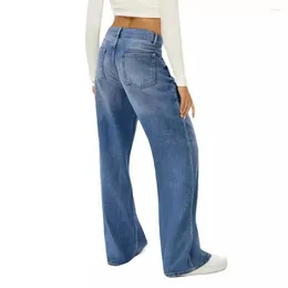 Women's Jeans Lady Long Zipper Stylish High Waist Wide Leg With Multiple Pockets For Daily Wear Solid Colour