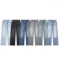 Women's Jeans Metal Zipper Straight Wide Monochrome Pants Street Fashion Blue 2024