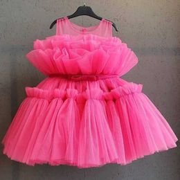 Girl's Dresses Girls New Summer Dress 2024 New Fashion Cake Layer Mesh Princess Dress 1 Year Baby Girl Birthday Dress Wedding Party Tutu Gown Y240514