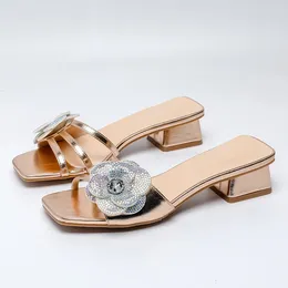 Slippers Summer Women 0.5cm Platform 3cm Low Square Heels Big Size Bling Rhinestone Fashion Fairy Glitter Sneakers Flower Slides