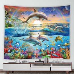 Tapestries Sea Animals Fish Turtle Dolphin Print Pattern Tapestry Home Living Room Bedroom Wall Decor Background Cloth