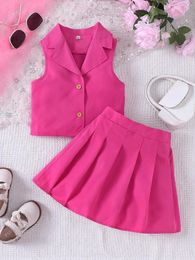 Clothing Sets Girls Summer Product Rose Red Fashion Trendy Set With Polo Collar Vest And Pleated Skirt Two Piece