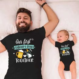 Family Matching Outfits Funny Our First Fathers Day Together Family Matching Shirts Cotton Daddy and Daughter Son Tshirts Baby Rompers New Dad Gifts T240513