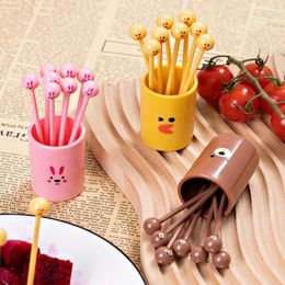 Forks 10Pcs/Box Cartoon DIY Creative Fruit Stick Disposable Fork With Storage Box Home Dessert Cake