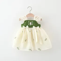 Girl Dresses 2024 Summer Two Bow Embroidered Small Flower Dress For Girls Short Sleeved