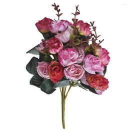 Decorative Flowers 21-head Artificial Rose Flower Bouquet Simulation Bridal Wedding Party Fake Floral Decor Bright Red