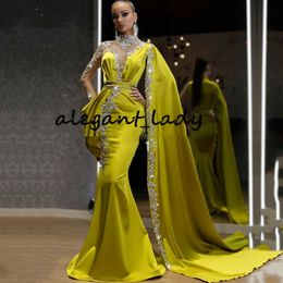 Lemon High Neck Evening Formal Dresses with Long Sleeve Cape 2021 Sparkly Crystal Kaftan Caftan Arabic Prom Gowns Vestidos de 189F