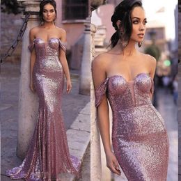 2021 New Cheap Sexy Sequins Sparkly Mermaid Evening Dresses Sequined Rose Pink Off Shoulder Keyhole Elegant Cheap Formal Party Prom Gow 271W