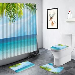 Shower Curtains Palm Leaves Ocean Landscape Set Tropical Plant Hawaii Scenery Carpet Non-slip Rug Toilet Bath Mat Bathroom Decor