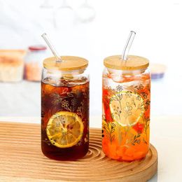 Wine Glasses 16oz Gold Pattern Sublimation Glass Can With Bamboo Lids&Straw Coffee Cup Summer Winter Drinkware Transparent Bottle