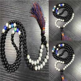 Beaded Necklaces 8mm 108 Black Agate Pearl Moon Bead Knot Necklace Trend Layered Stone Declaration Peaceful Neutral Prayer Religious Gift d240514