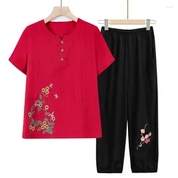 Women's Two Piece Pants XL-6XL Vintage Printed Grandma Short Sleeve Capri Suit Middle Aged Mother Set Women Outfit Summer Clothing