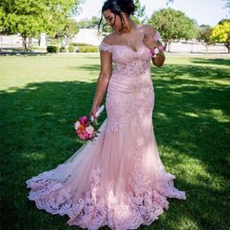2021 Vintage Pink Saudi Arabia Evening Dresses Wear Off Shoulder Dubai Mermaid Full Lace Appliques Prom Dress Formal Party Gowns Custom 261g