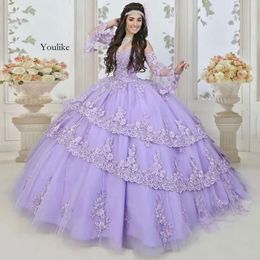 2024 Sexy Quinceanera Dresses Lilac Long Sleeves Sweetheart Lace Appliques Tiered Sweet 16 Dress Vestidos De 15 Prom Party Gowns Floor Length 0514