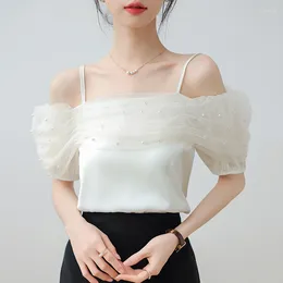 Women's Blouses QOERLIN Summer Sweet Camisoles Pearl Mesh Off-The-Shoulder Casual Tops 2024 Elegant Soft Blouse Female Korean Fashion