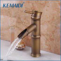 Bathroom Sink Faucets KEMAIDI Waterfall Deck Mount Classic Antique Brass Basin Faucet Vanity Vessel Single Handle Mixer Tap