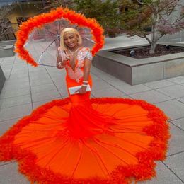 Black Girls Feathers Orange Prom Dresses For Women 2022 Beading Applique Evening Gowns Long Sleeves Guest Party Wear 275W