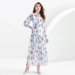 Casual Dresses 2024 Summer Holiday Runway Chiffon Dress Women's Stand Lantern Sleeve Single Breasted High Waist Belt Floral Print Long