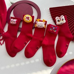 Women Socks Cotton Year Lion Dance Red Middle Tube Soft Breathable Sweat Absorption Autumn Winter